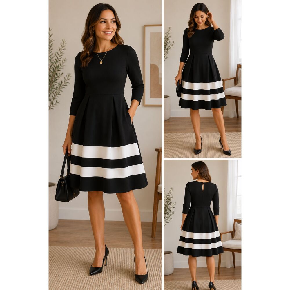 Lake Flower Black White Stripe Fit & Flare Dress Size Small Sleeve Scuba Knit